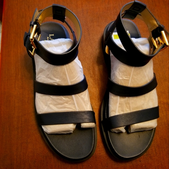 Ralph Lauren Shoes - Ralph Lauren Black Leather Triple-Strap Sandals with Gold Buckles NWT